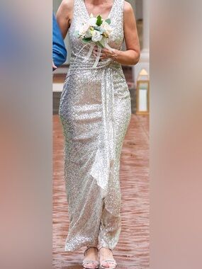 Vince Camuto Champagne Sequin Draped Evening Gown
